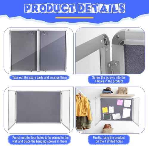 Motipuns 48"x36" Lockable Enclosed Bulletin Board with Glass Door, Weather Resistant Cork Notice Board, Wall Mounted Display Case for School Office Community Outdoor, 12xA4(Gray, Silver Frame)