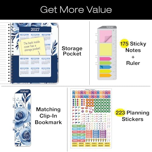 HARDCOVER Academic Year 2026-2027 Planner: 14 Months (May 2026 Through June 2027) 8.5"x 11" Daily Weekly Monthly Planner Yearly Agenda. Bookmark, Pocket Folder and Sticky Note Set (Blue Bloom)