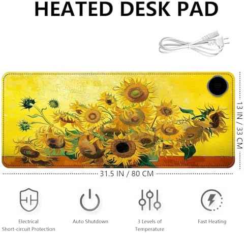 Heated Mouse Pad with 3 Levels Heated & 3 Hours Auto Shut-Off Mouse Pad for Warming Hands in Office Home, 31.5" x 13"Large Safe Desk Mat Hand Warmer，Sunflowers