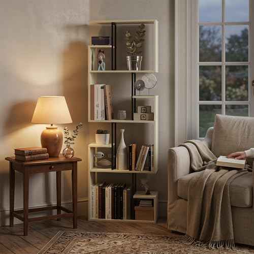 Manora Modern Geometric Bookshelf, 4 Tier Tall Bookcase with Open Display Shelves, Freestanding Storage Organizer for Living Room, Home Office, Bedroom, Rustic Industrial Narrow Shelf Unit, Off-White