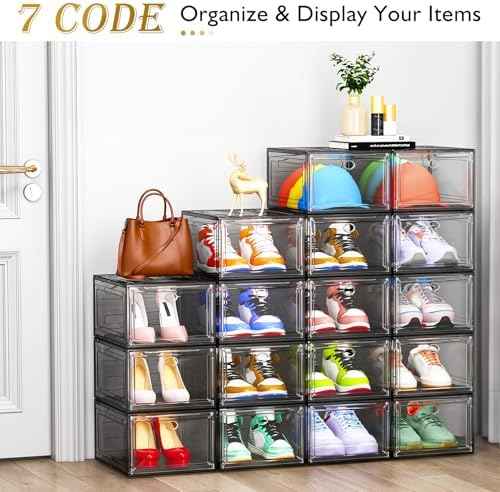 Large Thick Clear Shoe Organizer, Magnetic Door Stackable Shoe Storage Box