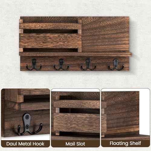 Key and Mail Holder for Wall Decorative - Rustic Mail Organizer Wall Mount, Wooden Letter Sorter Organizer with 4 Key Rack Hooks for Hallway Kitchen Farmhouse Decor (Brown)