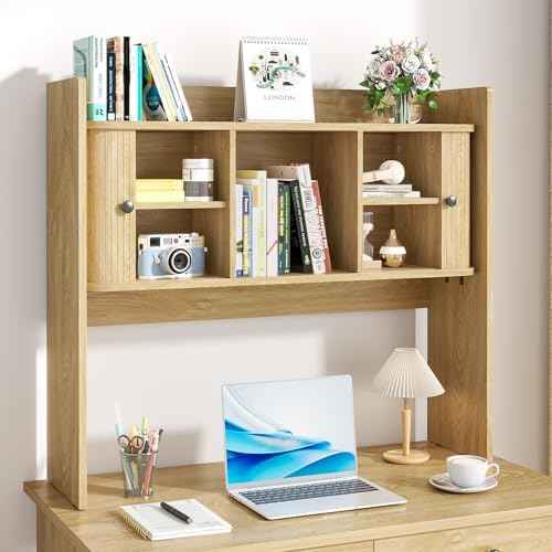 Fluted Desktop Bookshelf, 35.4 Inch x 31.5 Inch Wooden Desk Organizer, Desk Hutch with 2 Doors, Desktop Shelf Storage Rack, for Home, Office, Dorm, 2-Tier, Wood