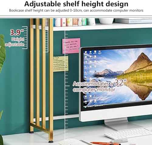 Metal Desk Hutch Dorm,2-Tier Desktop Bookshelf,Computer Desktop Organizer,Adjustable Display Rack for Home Office Dorm Countertop Storage Organizer (75cm/29.5", Gold)