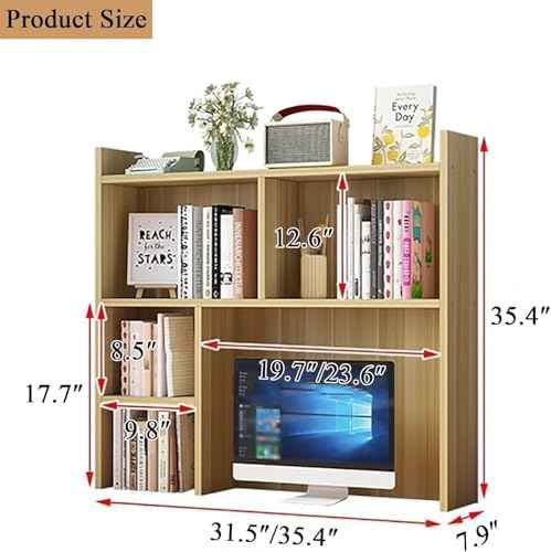 Desk Hutch for Dorm,Wooden Desktop Bookshelf with Storage Display Rack,Freestanding Bookcase for Computer Desk,Desk Top Organizer Shelf for Home Office (White, 31.5″W×7.9″D×35.4″H)