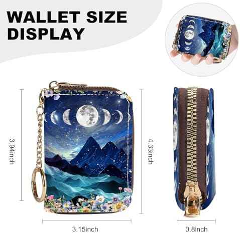 Credit Card Holder for Women,Small Rfid Wallet with Keychain Zipper,Cute PU Leather Card Case Wallet，Accordion Credit Card Wallets Gift,Moon Mountains