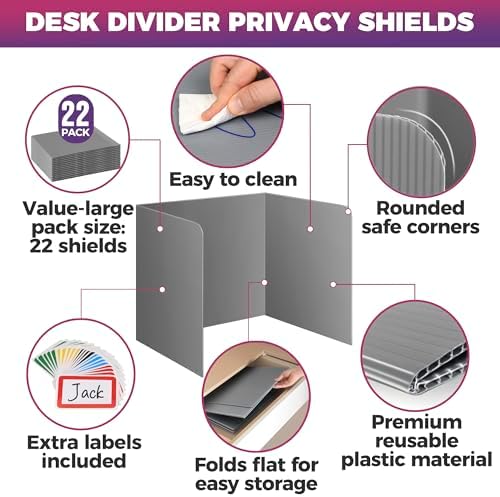 22-Pack Desk Dividers for Students - Waterproof & Durable Plastic Privacy Shield Divider, Classroom Folders Teacher Supplies, Easy-to-Clean Plastic Study Carrel Folder Boards for Student Desks, Grey