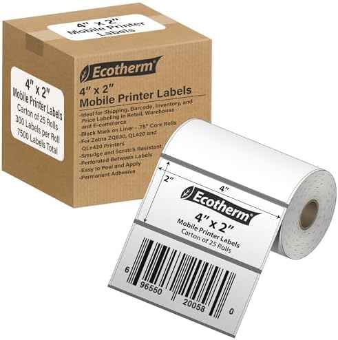4" x 2" Mobile Printer Labels | 25 Rolls | 7500 Labels | fits Zebra ZQ630, QL420, and QLn420 Printers | Black Mark On Liner | .75" Core Rolls | by Ecotherm