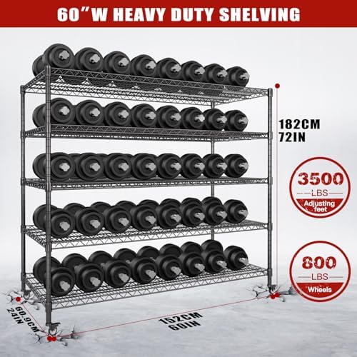AIRAJ 60”W Metal Shelving with Wheels, 5 Tier Wire Shelving Heavy Duty