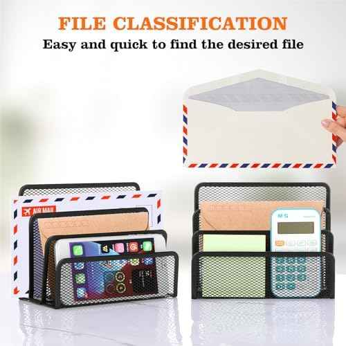 2 Pieces Desk Mail Organizer, Metal Mesh Small File Holders Letter Organizer, Bill/Document/Filing/Folders/Paper Organizer for Desktop (BLACK-2PCS)