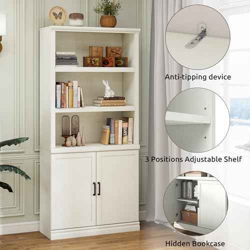 70" Tall White Bookcase with Doors, Bookshelf with Storage for Living Room