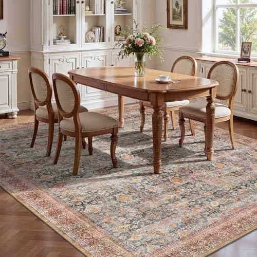 8x10 Area Rugs for Living Room - Washable Vintage Retro Large Rug, Soft Ultra Thin Non Slip Low Pile Traditional Distressed Boho Carpet for Bedroom Dining Room Home Office, Rust Clay