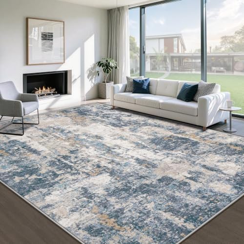 8x10 Area Rugs for Living Room: Washable Abstract Rug Modern Neutral Soft Large Indoor Rugs Non Slip Low Pile Carpet for Bedroom Dining Room Office Children's Room(Blue Brown, 8'x10')