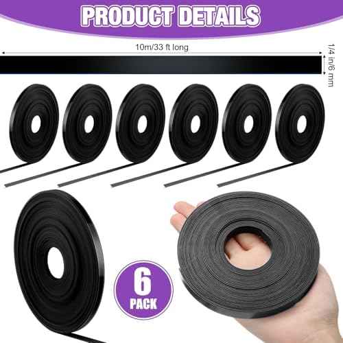 6 Rolls Black Magnetic Tape Roll Thin Strips, 1/4 Inch x 33 ft Magnetic Whiteboard Graphic Decorative Tape Marking Line Magnet Board Dividers for Classroom Office Art Accessories