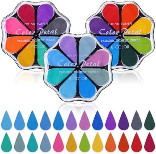 Jetec 3 Packs Petal Ink Pads Finger Ink Stamp, Rainbow Rubber Stamps Washable Waterdrop Shaped Stamp Pads for Card Making, Scrapbook, Painting (Classic 24 Colors)