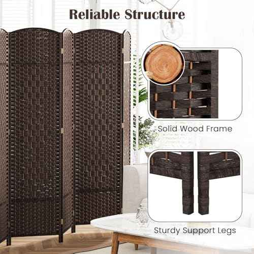 GOFLAME 8 Panel Room Divider, 6 Ft Tall Folding Privacy Screen with Hand-Woven Texture & Solid Wood Frame, Fully Assembled Wall Divider and Partition Screen for Room Separation, Brown