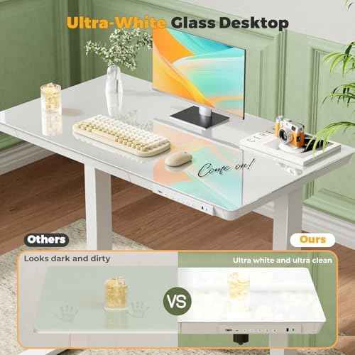 35" Electric Standing Desk with Drawer, One-Piece Glass Top