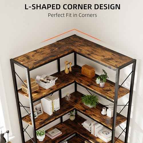 Shintenchi 5 Tier Corner Bookshelf, L Shaped Large Bookcase, Rustic Brown