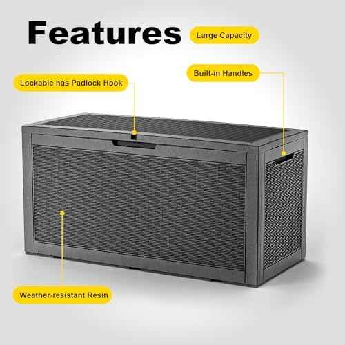 PatioZen 150 Gallon Resin Deck Box, Lockable Patio Outdoor Storage Box for Furniture, Garden Tools and Tools Storage, Waterproof Outside Storage Boxes - Black