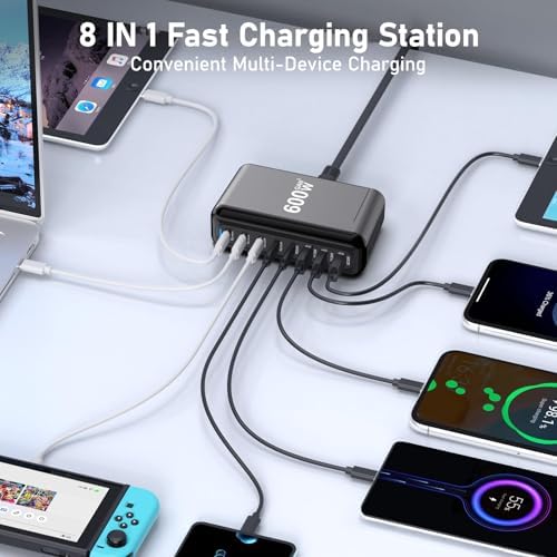 USB C Charger Block 600W Multi Port USB Fast Charging Station Hub GaN PPS PD 140W 100W Type C Wall Charger Power Adapter for Multiple Laptop iPad iPhone 17 MacBook Galaxy S26 Android Pixel 65W 45W 20W