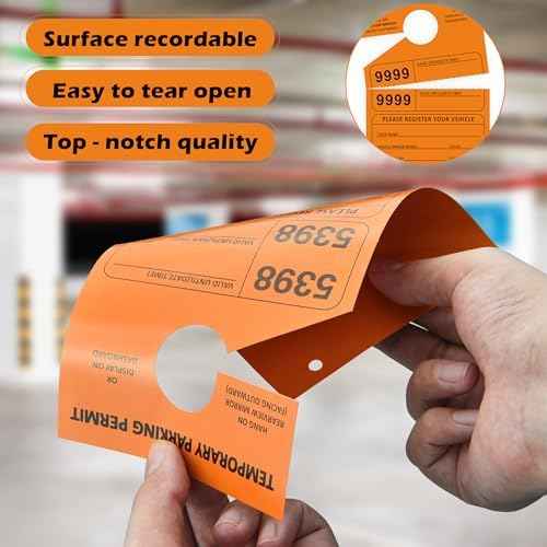 500 Pcs Orange Parking Permit Hang Tag 2 Part 7.75 x 4.25 Inch Mirror Hang Tags Car Hang Tags Parking Tickets Car Parking Tags Numbered Temporary Parking Passes Hanging Tag with Stub (500)