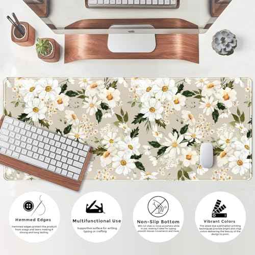 Daisy Floral Daisies Large Mouse Pad Watercolor Flowers Desk Mat