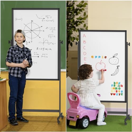 Rolling Whiteboard on Wheels 48" x 32" Aluminum Frame (Black)