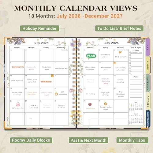 Academic Planner 2026-2027, 18 Months Weekly and Monthly Calendar Planner from July 2026 - December 2027, 7.3" x 10" B5 Large Hardcover Agenda Organizer Book with Tabs, Yearly Daily Planners for School Work Student Teacher, Vintage Bloom Arrangement