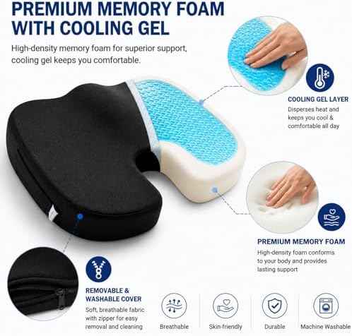 Gel Seat Cushion for Long Sitting, Office Chair Memory Foam Cushion, Black