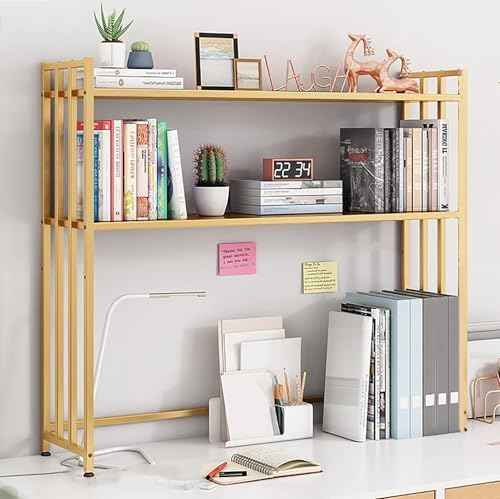 Metal Desk Hutch Dorm,2-Tier Desktop Bookshelf,Computer Desktop Organizer,Adjustable Display Rack for Home Office Dorm Countertop Storage Organizer (75cm/29.5", Gold)