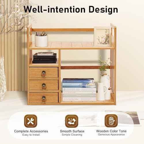 Desktop Storage Shelf, Bamboo Home Office Storage Rack with 3 Drawers, Modern Rectangular Desktop Organizer, File Holder Storage Rack for Office Home School