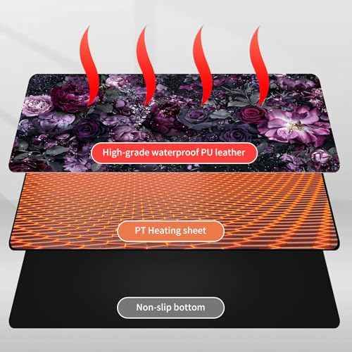 Heated Mouse Pad Hand Warmer, Warm Desk Pad Mousepad Desk Mat with 3 Levels Heating and Auto Shut Down 31.5 x 13 inch PU Leather Warmer Keyboard Mat for Gaming Laptop Office Home, Purple Flower