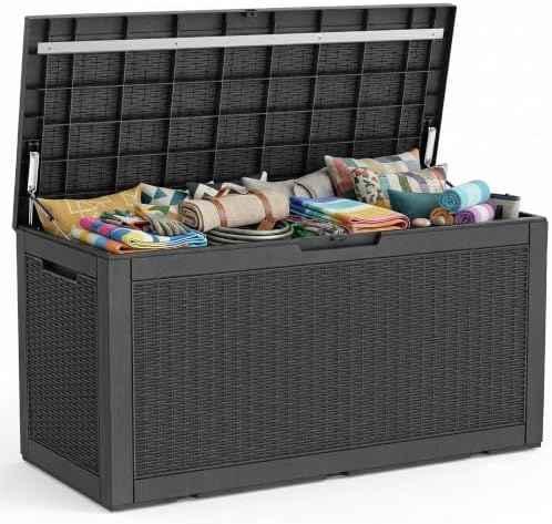 PatioZen 150 Gallon Resin Deck Box, Lockable Patio Outdoor Storage Box for Furniture, Garden Tools and Tools Storage, Waterproof Outside Storage Boxes - Black
