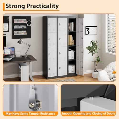 GarveeTech 72’’ Metal Storage Cabinet with 4 Door, Lockers for Employees Students with Shelves, Metal Storage Steel Locker for School Office Gym Home Warehouse, Assembly Required, Grey+Black