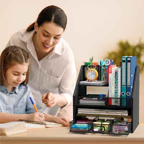Homsorout Wooden Desk Organizer - Mesh File Organizer with Drawers and Pen Holder - 4-Tier Vertical Paper Letter Storage Tray, Desktop Organizers and Accessories for Home Office (Black