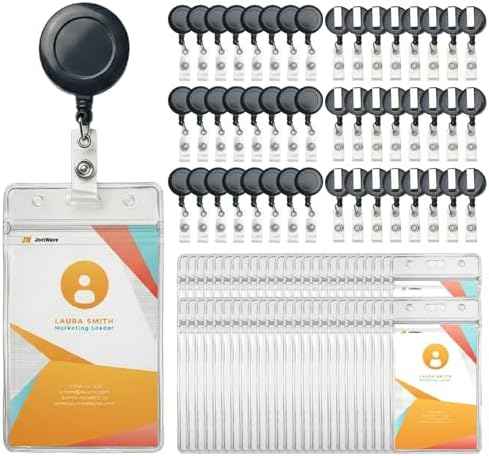 100 PCS Retractable Badge Reel and ID Badge Holder Set, 50 Black Badge Reels with Reinforced Metal Belt Clip and 50 Clear Vertical Name Tag ID Card Holders for Nurses, Hospital, Office, Teachers