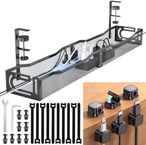 25.3-Inch Clamp-On Metal Under-Desk Cable Management Tray, Black