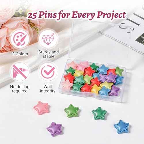 25 Pcs Decorative Thumb Tacks, Cute Decorative Push Pins for Wall Bulletin Board & Cork Board, Resin Star Push Pins for Office Home School-8 Colors (Colorful Star)
