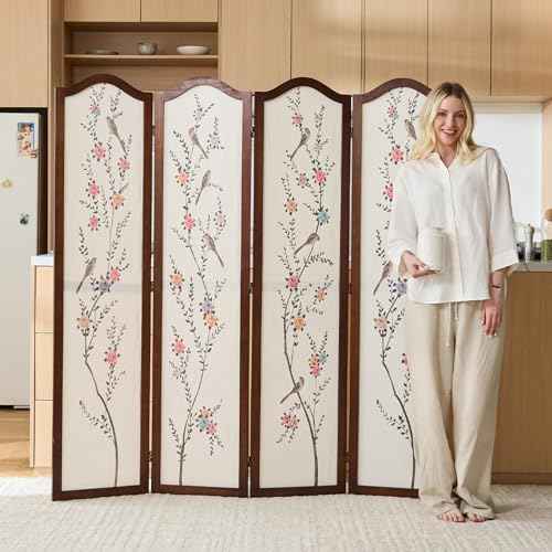 Svimi Oriental Style 4-Panel Wood Folding Screen Room Divider – Freestanding Privacy Screen and Decorative Partition Wall Panel for Home Decor (67″H x 64″W) (Flowers and Birds II, 4 Panels)