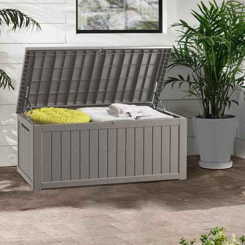 270 Gallon Deck Boxes Outdoor Waterproof, Outdoor Storage Box with Lockable Lid & UV-Resistant for Patio Furniture, Outdoor Cushions, Garden Tools and Pool Supplies, Light Brown