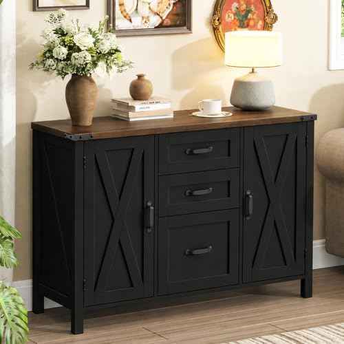 Vabches File Cabinet with 3 Drawers, Farmhouse Lateral File Cabinet Fits Files Letter/A4 Size, Wooden Filing Cabinet with Door and Adjustable Shelves Printer Stand for Home Office, Dark Brown