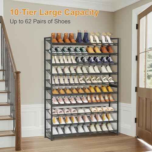 Large Shoe Rack 10 Tier Shoe Organizer, Heavy Duty Metal 5-Tier Stackable Shoe Storage Vertical Shoe Rack for Closet Front Door Entrance, Up to 62 Pairs, 44.8" W x 11.4" D x 71.2" H, Black