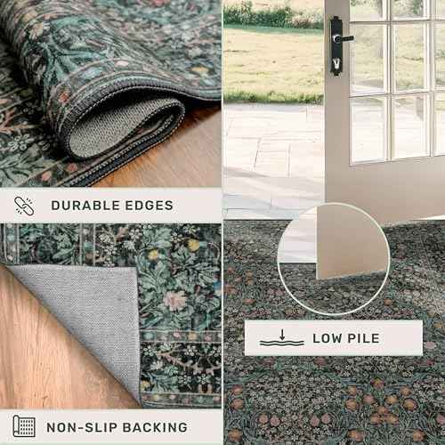 Vintage Washable 2x10 Runner Rug Non Slip for Hallway, Kitchen, Entryway, 10ft Stain Resistant Extra Long Soft Rug Runners, Dark Green Floral Unique Botanical Floor Mat
