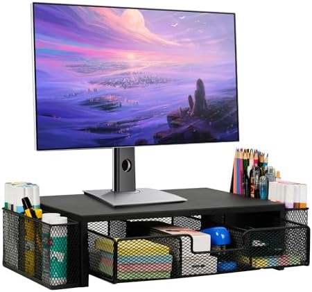 Qupui Computer Monitor Stand Riser with Drawer and Pen Holders, Desk