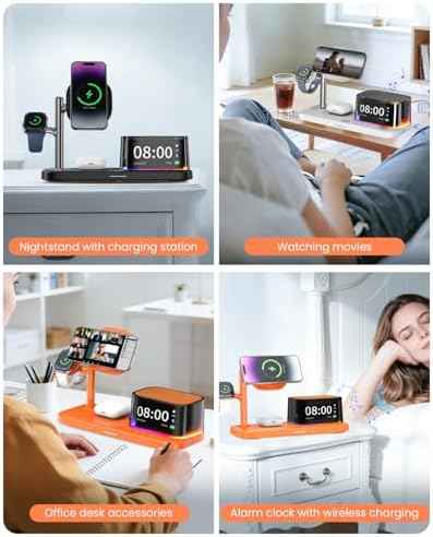 7-in-1 Wireless Charging Station for Multiple Apple Devices Bluetooth Speaker Alarm Clock Night Light, Qi2.2 Charger Stand for iPhone 17/16/15 Pro Max Apple Watch Airpods 45W Adapter Included (Orange)
