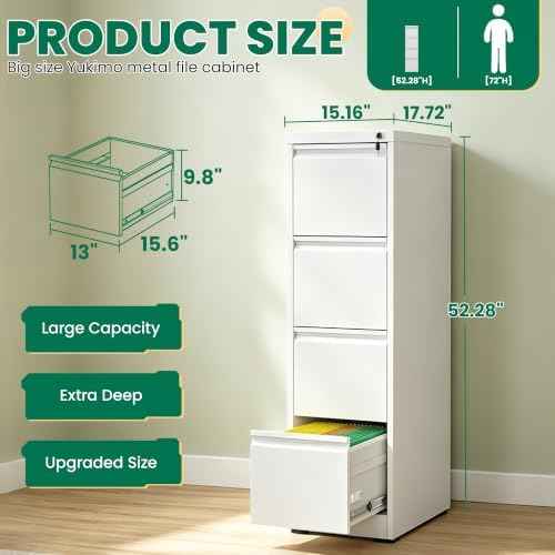 4 Drawer File Cabinet with Lock, Metal Vertical Filing Cabinet, Filing Cabinets for Home Office, Locking File Cabinet Hanging Files for A4/ Legal/Letter, Require Assembly, White