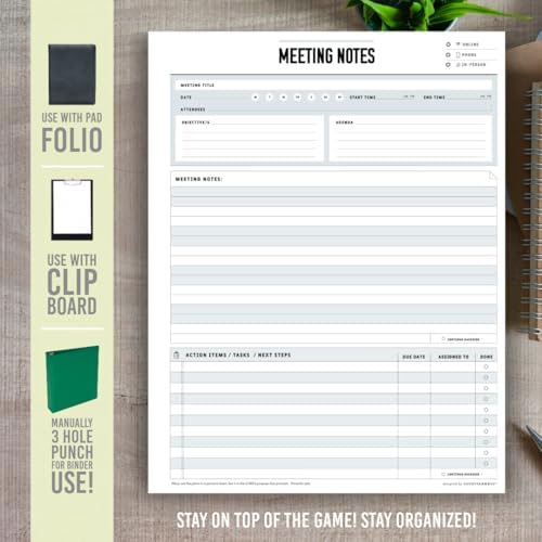 Meeting Notepad - 8.5 x 11-50 Sheets Double Sided Work School Meeting Pad Objectives, Agenda, Notes, Action, Tasks, Project Pads