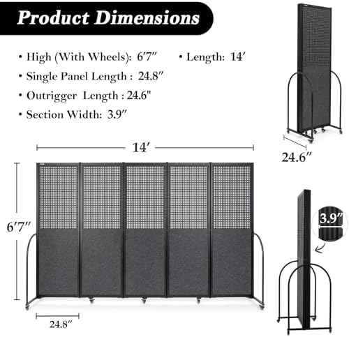 Folding Screen with Holes,10'6"W x 6'7"H,5 Panel,Dark Grey