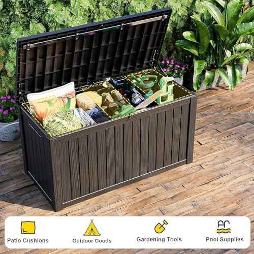 320 Gallon Large Outdoor Storage Box Waterproof, UV Resistant Resin Deck Box with Hydraulic Rod & Lockable Latch for Patio Furniture, Outside Storage Box for Garden Tools, Patio Cushions, Black