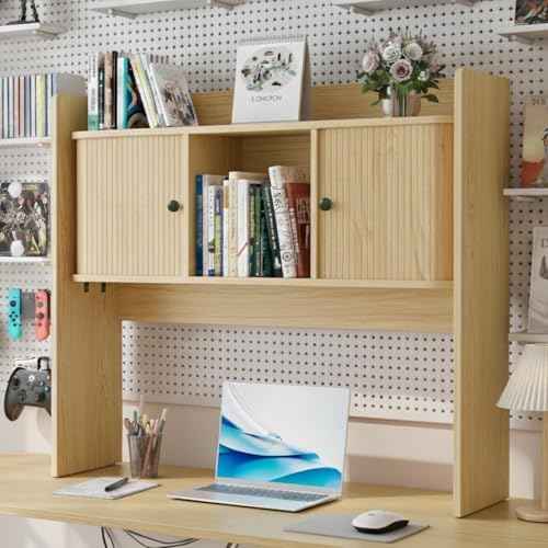 Fluted Desktop Bookshelf, 35.4 Inch x 31.5 Inch Wooden Desk Organizer, Desk Hutch with 2 Doors, Desktop Shelf Storage Rack, for Home, Office, Dorm, 2-Tier, Wood
